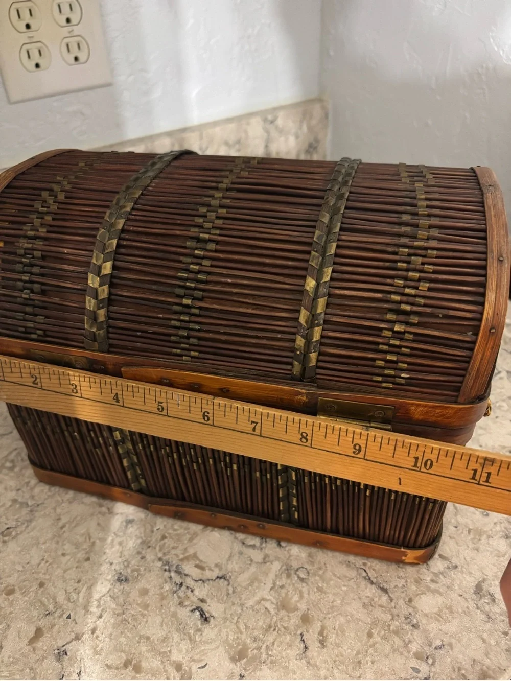 Vintage Wicker and Wood Domed Treasure Chest Trinket Box Storage Decor